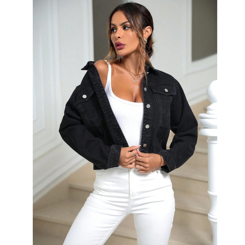 Black Denim Jean Jacket Classic Button Up / Down Front Pockets - Picture 2 of 10